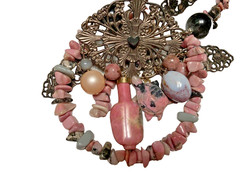 Stunning roxsann Pink Rhodonite Faux Pearl Moonglow Bead Charm Pendant Necklace