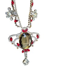 Vtg Signed Husar D Czech Glass Festoon Necklace Green Center Red Accent Stones
