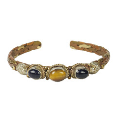 Vintage Braided Mixed Metals Bangle Bracelet Blue Goldstone Tiger Eye Stone Cuff