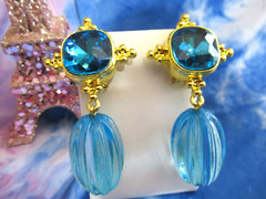 Chunky Statement Earrings Gold Tone Sky Blue Gemstone Pierced Drop Dangle