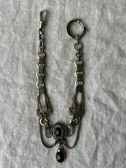 German Jugendstil Albertina Watch Chain Red Glass Drop Clover Mark c.1910-1925