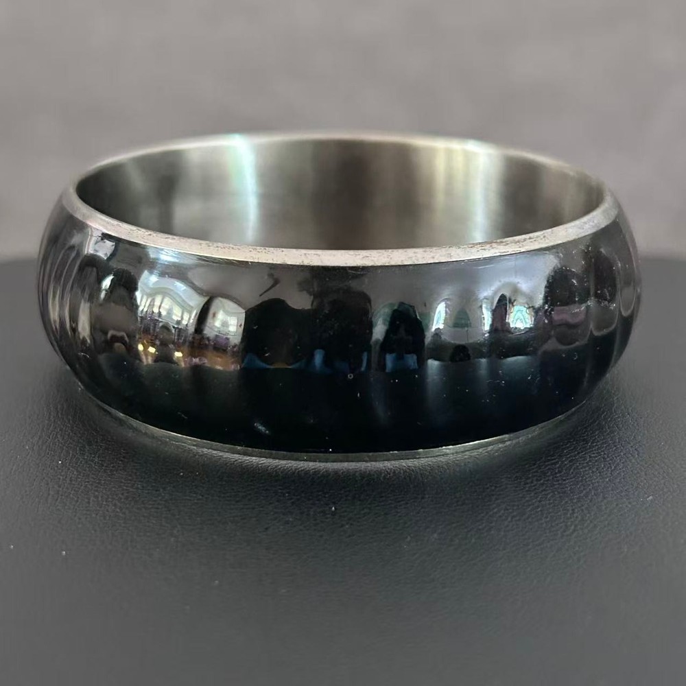 Vintage 80s Black Enamel Silver Tone Bangle Bracelet Chunky Dome Modernist Gift