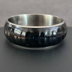 Vintage 80s Black Enamel Silver Tone Bangle Bracelet Chunky Dome Modernist Gift