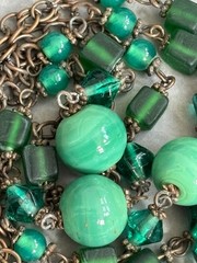 Antique Vintage Early Art Deco Czech Flapper Necklace Green Glass Beads Beaded