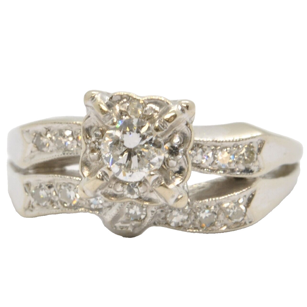VINTAGE 14K WHITE GOLD ILLUSION SET 1/3CTW DIAMOND BRIDAL ENGAGEMENT ESTATE RING