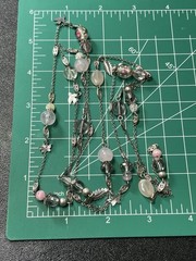 Vintage 48” Pink Floral Glass MOP Beads Butterfly Bird Charm Chain Necklace