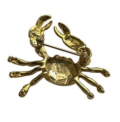 Gold-Tone Crab Brooch with Rhinestone Claws Beach Ocean Pin 2” Statement piece