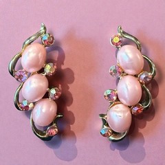 Pink Clip On Climber Earrings Signed STAR Pearl Rhinestone Vintage