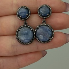 Vintage 925 Sterling Silver Blue Kyanite Diamond Halo Dangle Earrings
