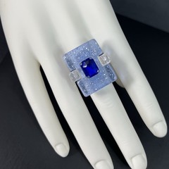 Modernist Clear Lucite Ring Blue Glitter Rhinestone Size 8 Chunky Post Modern