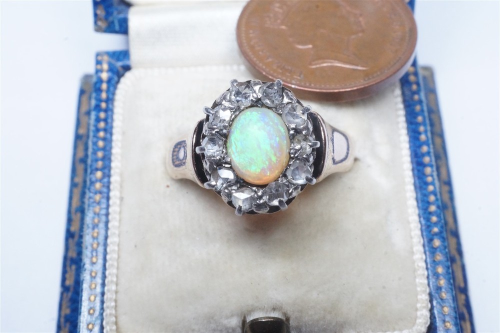 PRETTY ANTIQUE 15K GOLD OPAL & DIAMOND CLUSTER RING c1900