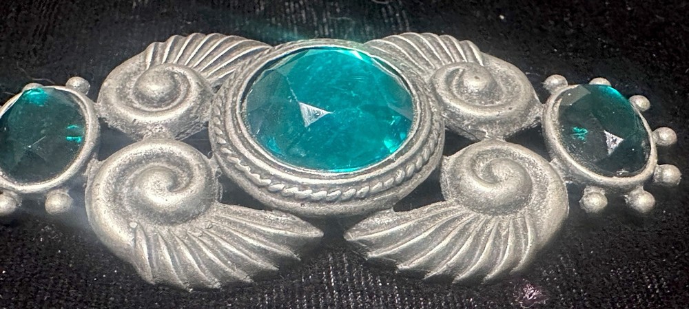 Art Deco Silver Tone Filigree Brooch Green Bar Pin Vintage Signed M. J. Ent