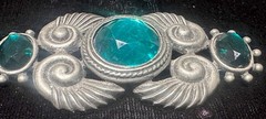 Art Deco Silver Tone Filigree Brooch Green Bar Pin Vintage Signed M. J. Ent