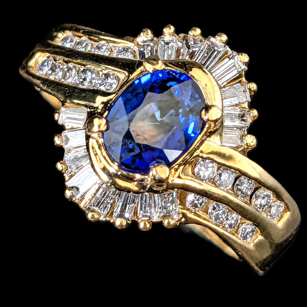 Vintage Sapphire Diamonds 14k Yellow Gold Ring Bypass Ballerina Style Estate