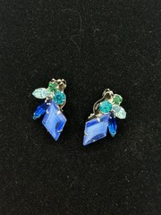 Verified Juliana D&E Blue Diamond Shape Striped Art Glass Brooch / Earrings Set