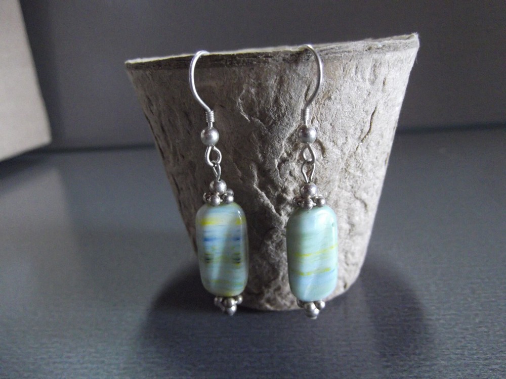 1 Pair Old .75″in Stone Blue/Green w/Veins Mixed Dangler