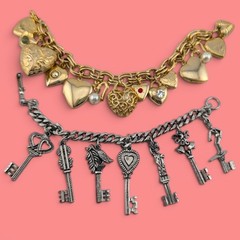 CHARM BRACELET LOT 7″ goldtone heart & locket, 6.25″ vintage silvertone key B1