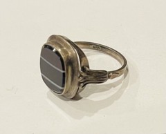 Antique 835 Silver Egyptian Revival Banded Agate Ring Sz 7.5