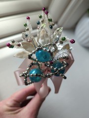 Vintage Atomic MCM Blue Mercury Glass Ball Silver Beads Corsage Pin Rare Find