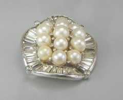 Signed Jomaz Brooch Genuine Cultured Pearls Baguette Rhinestones Rhodium Plate