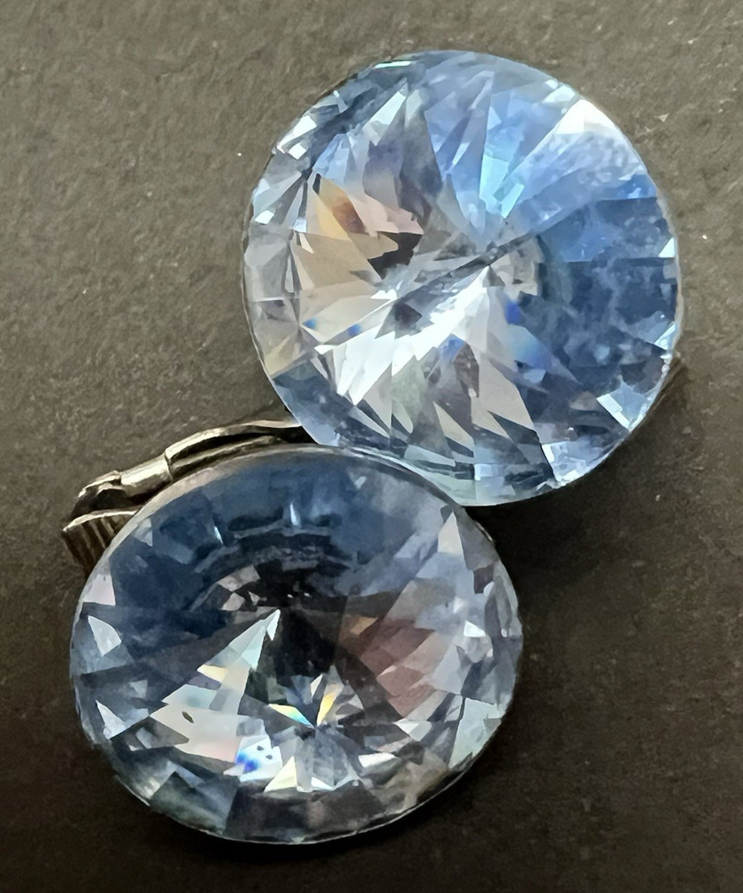 Vtg Weiss sky Blue Rivoli Rhinestone Silver-tone Earrings Clip On Round Bling!