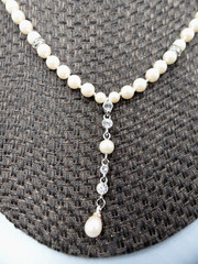 Vintage Faux Pearl Y Necklace Knotted Glass Bead Choker Rhinestone Teardrop Hook