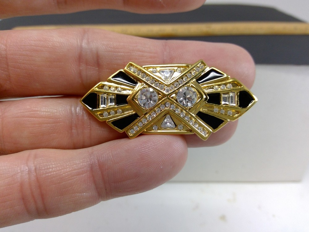 Vintage Signed Jackie Collins Gold Tone Metal Black Enamel & Rhinestone Brooch