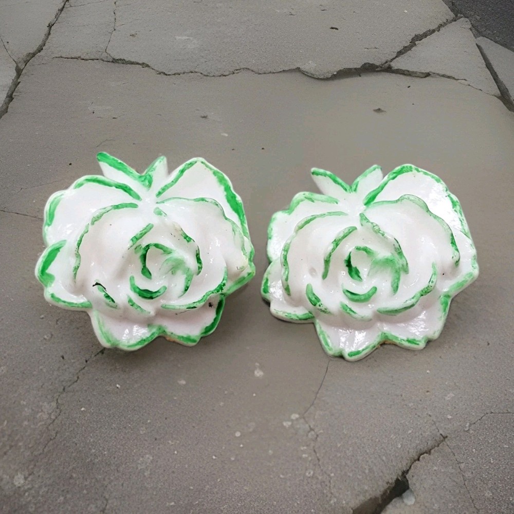 Vintage Lucite White and Green Rose Clip on Earrings