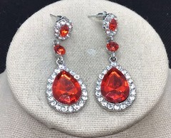 Vintage Silver Tone Costume Red Plastic Stone & Rhinestone Drop Earrings E836