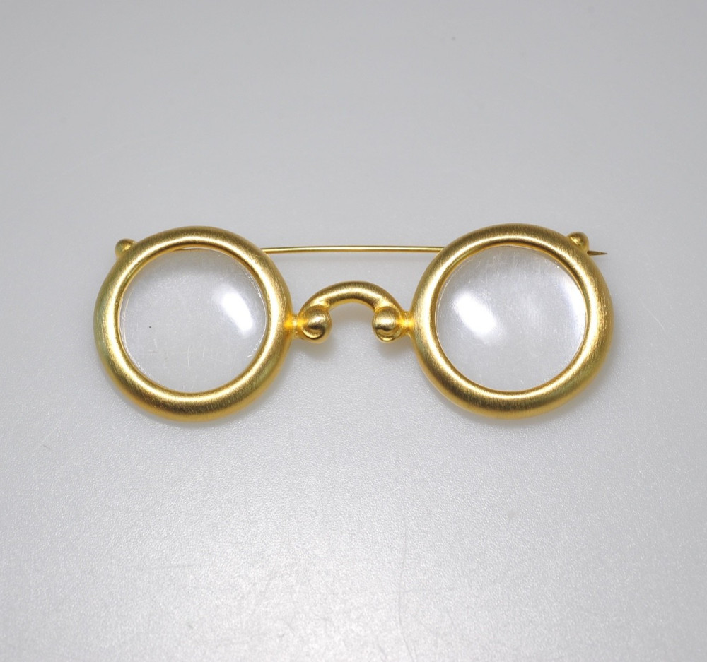 Brooch vtg satin gold tone eye glasses iconic John Lennon style large 3″ MA