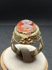 Rare Ancient Bronze Ring Carved Red Agate Eastern King Antique Size 8 US