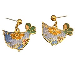 Vintage Dainty Sweet Bird Earrings in Metal and Enamel, For Pierced Ears