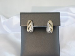 Vintage Sterling Silver 925 Gold Pave CZ Huggie Small Hoop Omega Earrings
