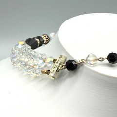 Vintage Black Clear Crystal Beaded Necklace Rhinestone Clasp 15″