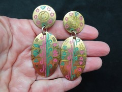 Vintage 1980’s Brass Metal w/Colorful Brites Dangle Pierced Earrings