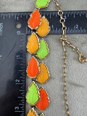 Vintage Thermoset Leaf Necklace Neon Green Red Gold Tone 14”
