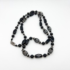 Vintage Black Glass Beaded 30″ Long Necklace Sterling Silver Box Clasp