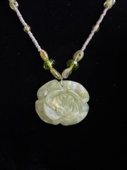 Vintage Green Prehnite- Green Spinel Beads-Flower Pendant Bead Necklace 19”