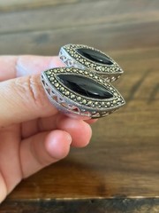 Marcasite Sterlling Silver Chunky Double Black Stone Ring, Size 9