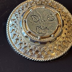 Vintage Gold Tone Domed Floral Etched Round Brooch Pin Openwork Victorian 1.75”