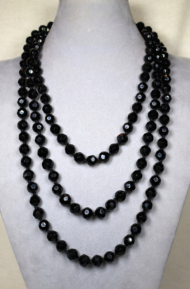 Vintage Art Deco French Jet Necklace 74″ Inch Length Faceted Black Beads