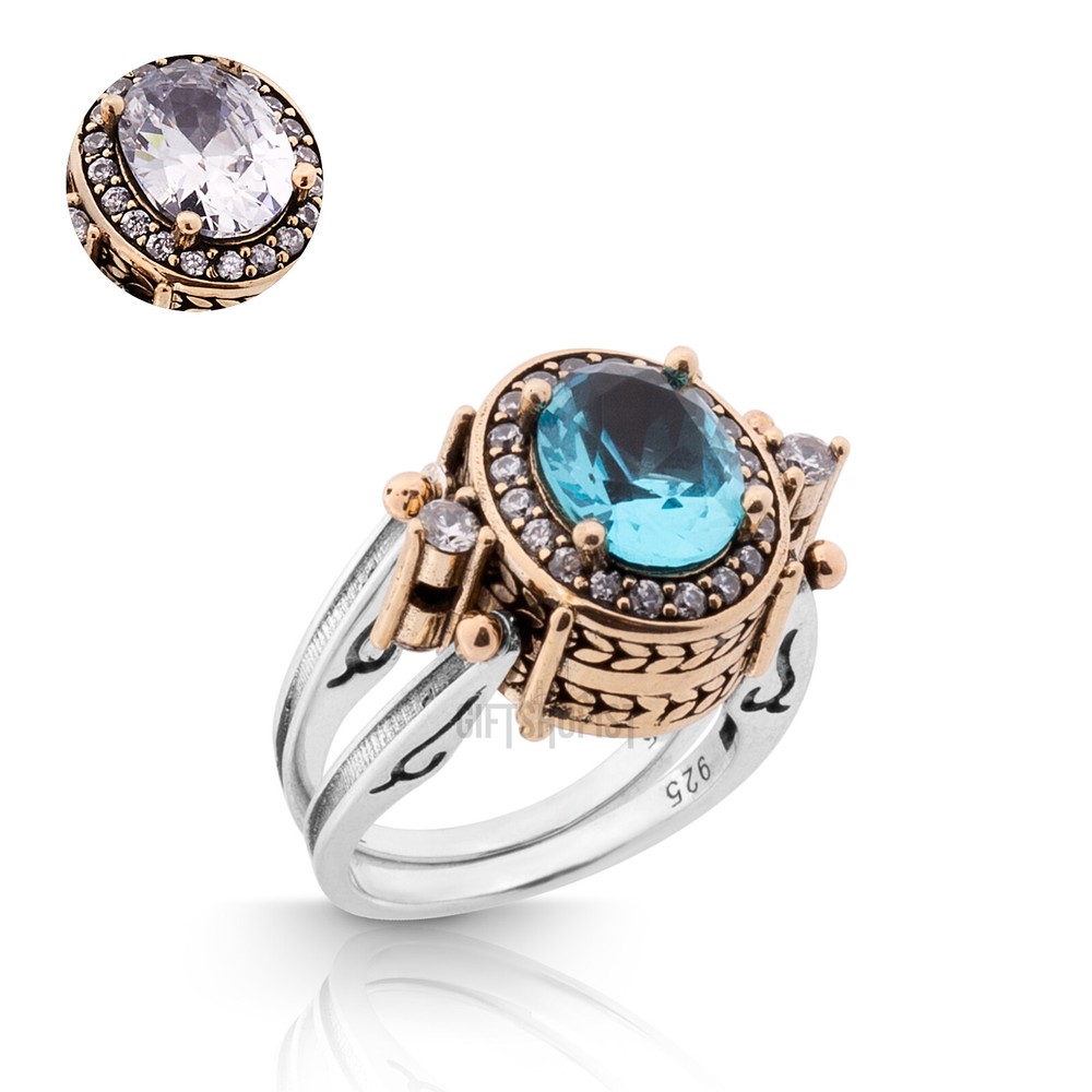 Turkish Reversible Oval London Blue and White Topaz 925 Sterling Silver Ring