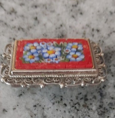 Vintage Italian Micro Mosaic brooch pin in red, blue, green, white and yellow