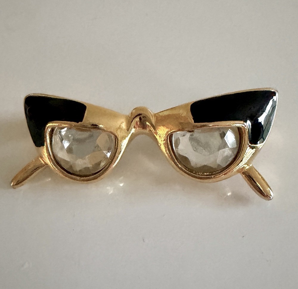 VTG Clear Rhinestone Gold Tone Enamel Cat Eye Glasses Brooch Pin