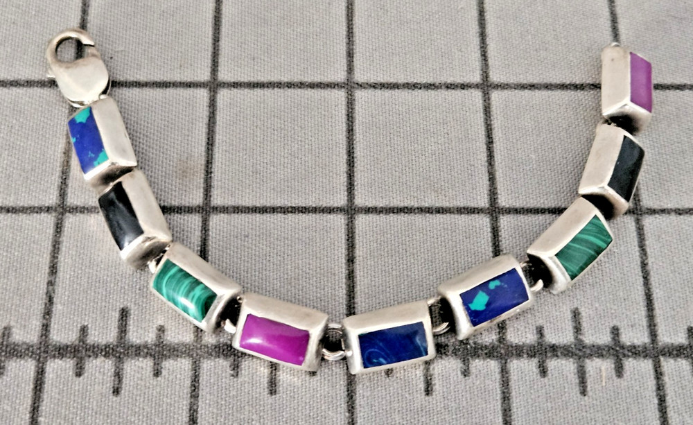 Vintage Mexico Sterling Bracelet Semi-Precious Stones Malachite Lapis Lazuli