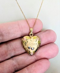 Vintage 1/20 14k Yellow Gold Filled MOM Heart Locket w/ Pink Flowers Necklace
