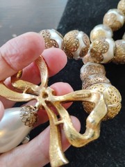 Vtg Big Faux Filigree Pearl Necklace Signed CRAFT Rose Gold Tone Rhinestone Bow