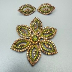 Large Vintage AB Rhinestone Flower Brooch Earrings Set 3″ Pink Green MCM Chic