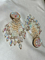 Glamorous Signed Chipita Simulated Pearl Cut AB Crystal Bead Clip-on Earrings