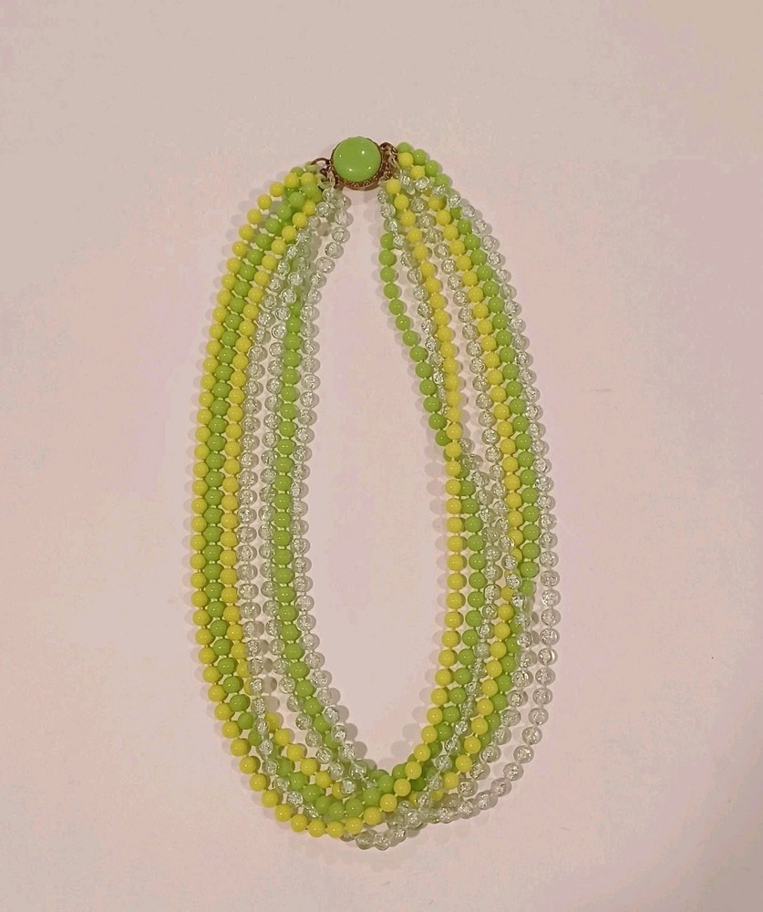 Vintage Multi Strand Lime Green Yellow And Clear Acrylic Beaded Necklace